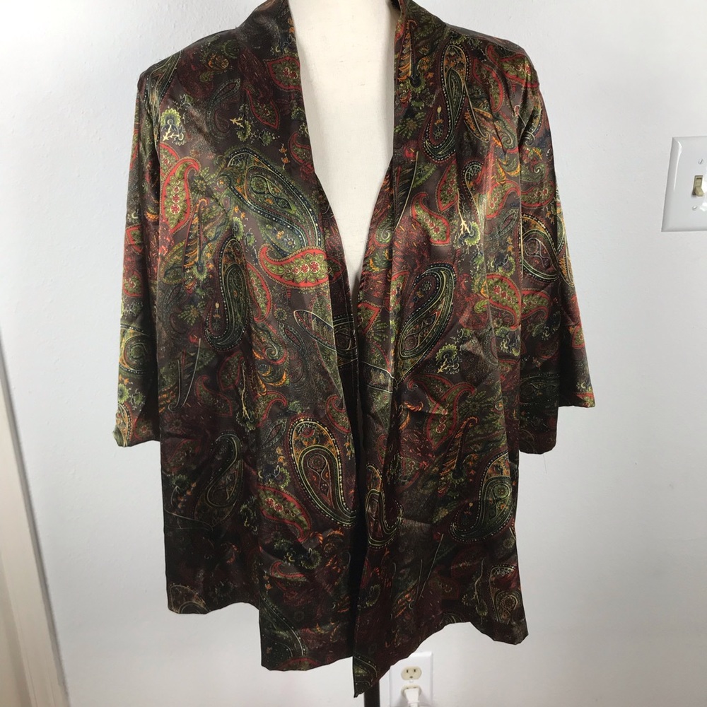 WOMEN FALL COLOR PAISLEY SILK LIKE OPEN KIMONO